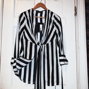 Monochrome Stripe Tie Front Longline Blouse